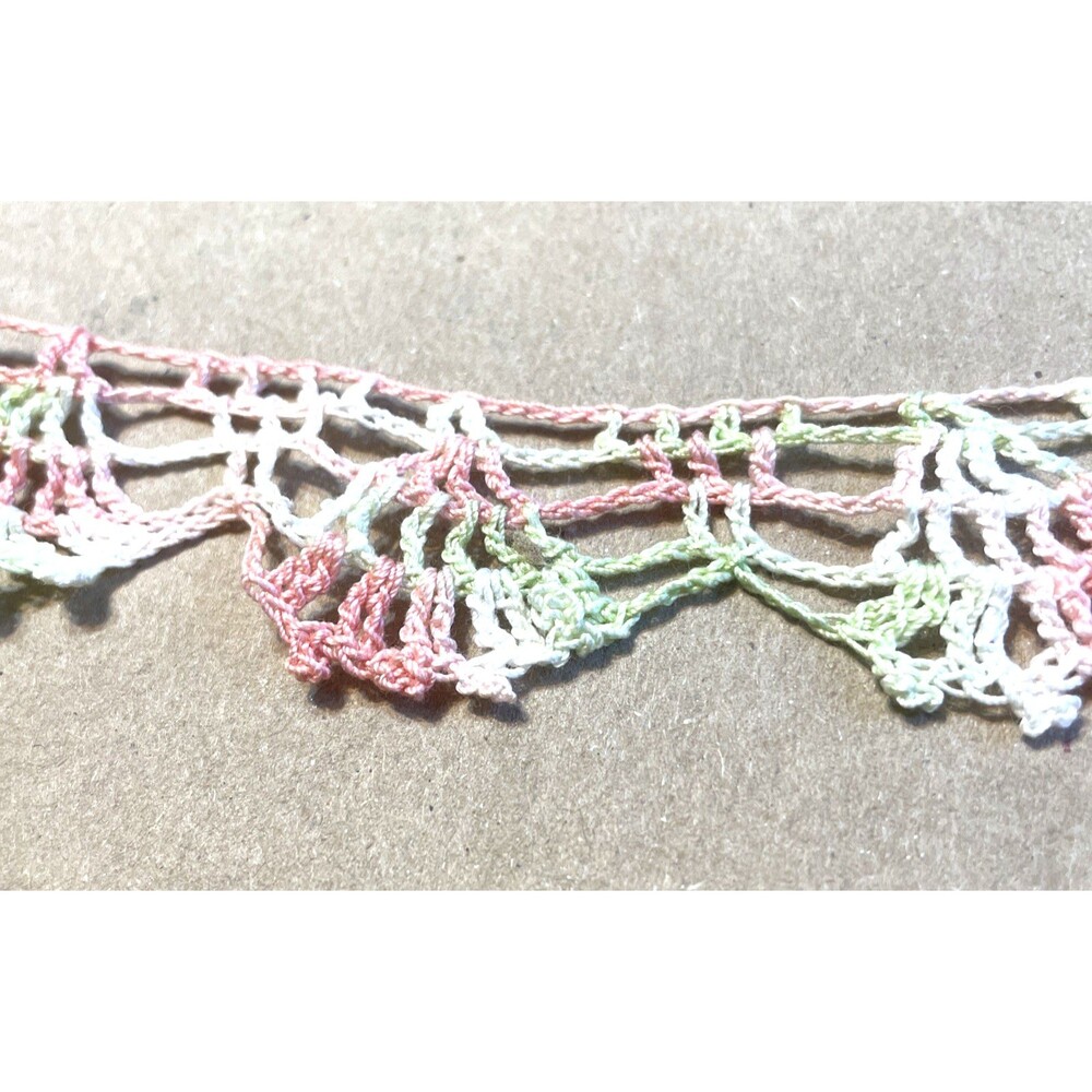Hand Crocheted Lace Trim Pink Green Scalloped 2PCs Totaling 3yd Baby Shower